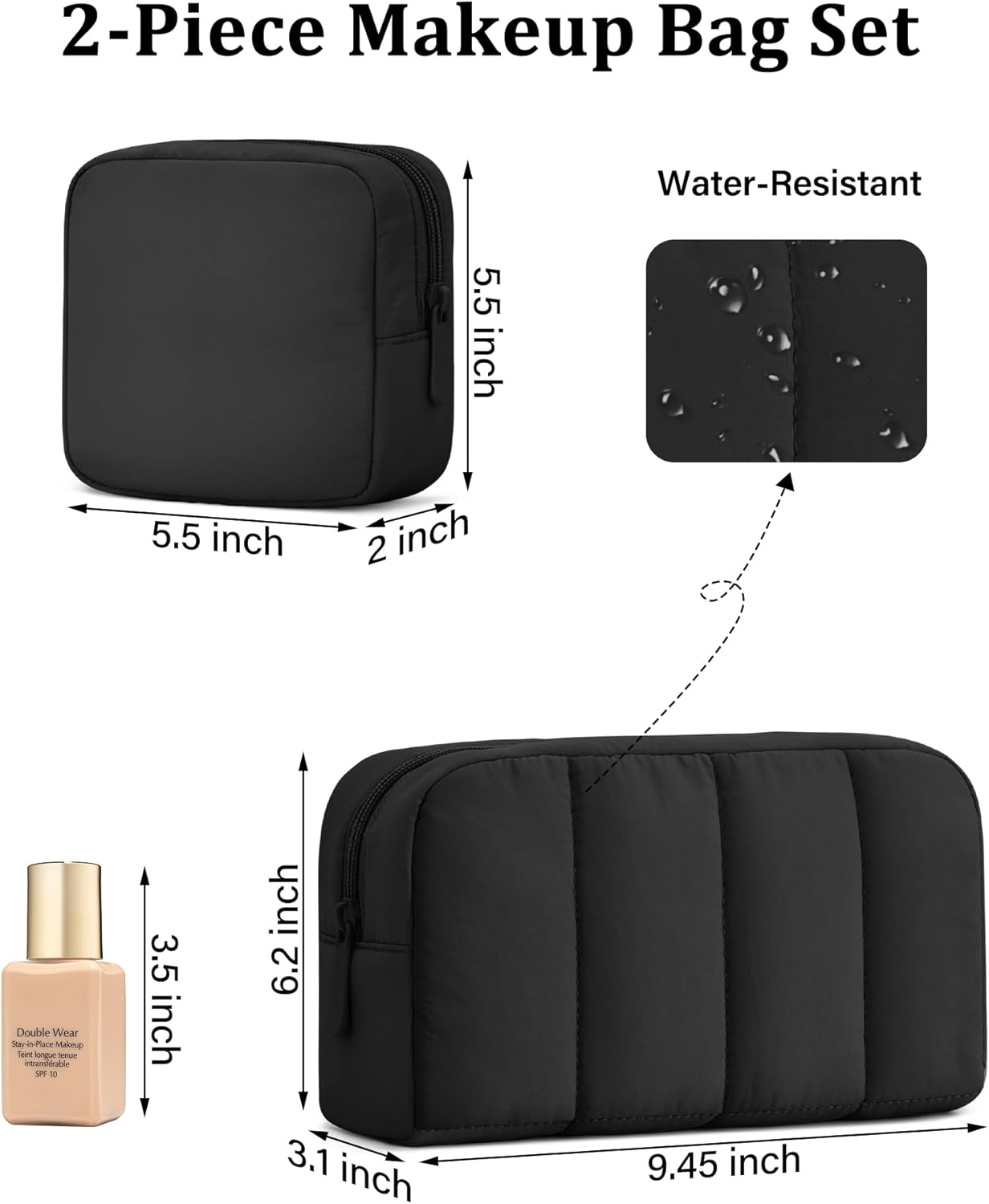 oscaurt 2 Pcs Makeup Bag Travel Toiletry Bag for Women Puffy Padded Cosmetic Pouch Purse Wide-open Makeup Organizer Case Travel Essentials