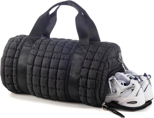 Quilted Duffel Gym Bag for Men and Women Carry On Travel Sport Weekender Bag, Black