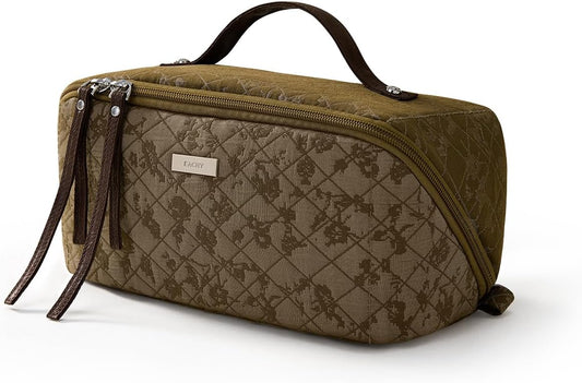 EACHY Travel Makeup Bag, Large Toiletry Bag for Women, Flat-Opening Organizer Pouch with Compartments