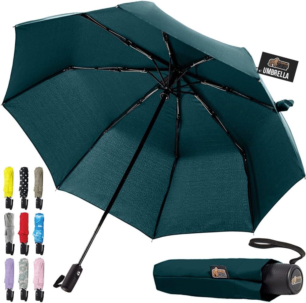 GORILLA GRIP Strong Windproof Stick Compact Umbrella for Rain, One-Click Automatic Open and Close, Durable Quick Dry Waterproof Material, Lightweight, Portable, Travel Size Fits Backpack, Hunter Green