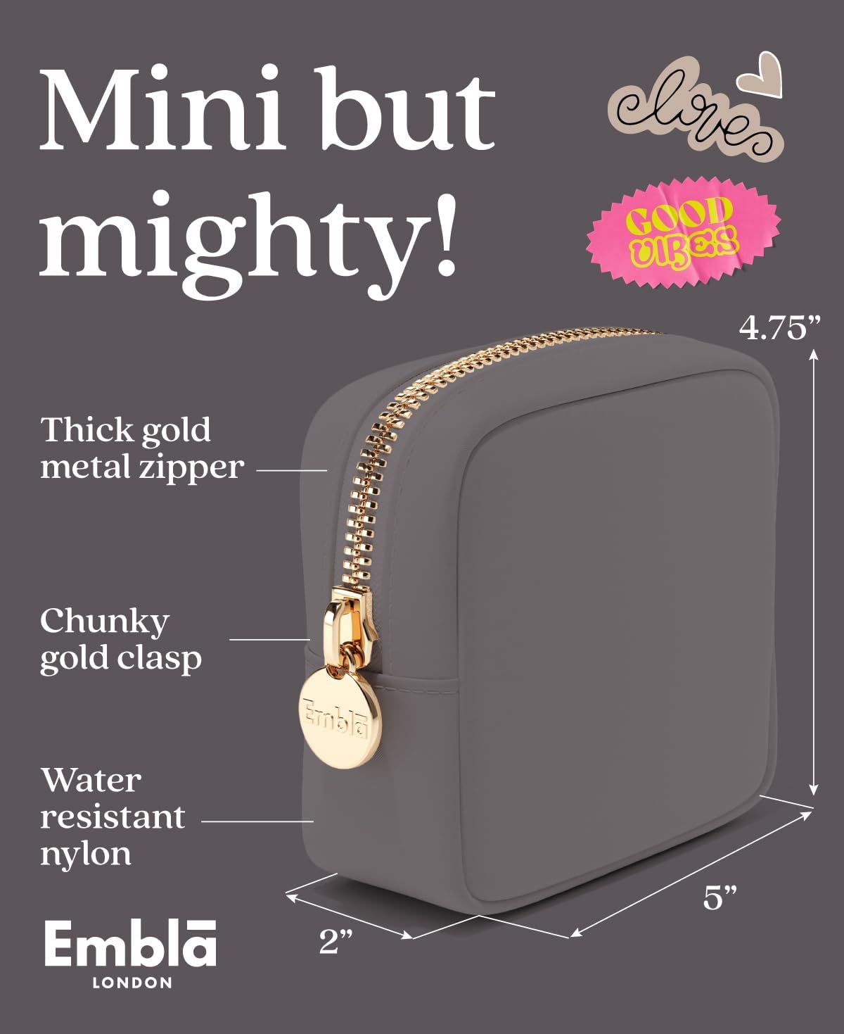 Embla Makeup Bag Travel Cosmetics Pouch and Toiletry Bag, Nylon Zipper Pouch Purse, Cute Make Up Organizer Storage Tote for Women Girls, Waterproof Travel Skincare Case, Small Makeup Bags, Grey