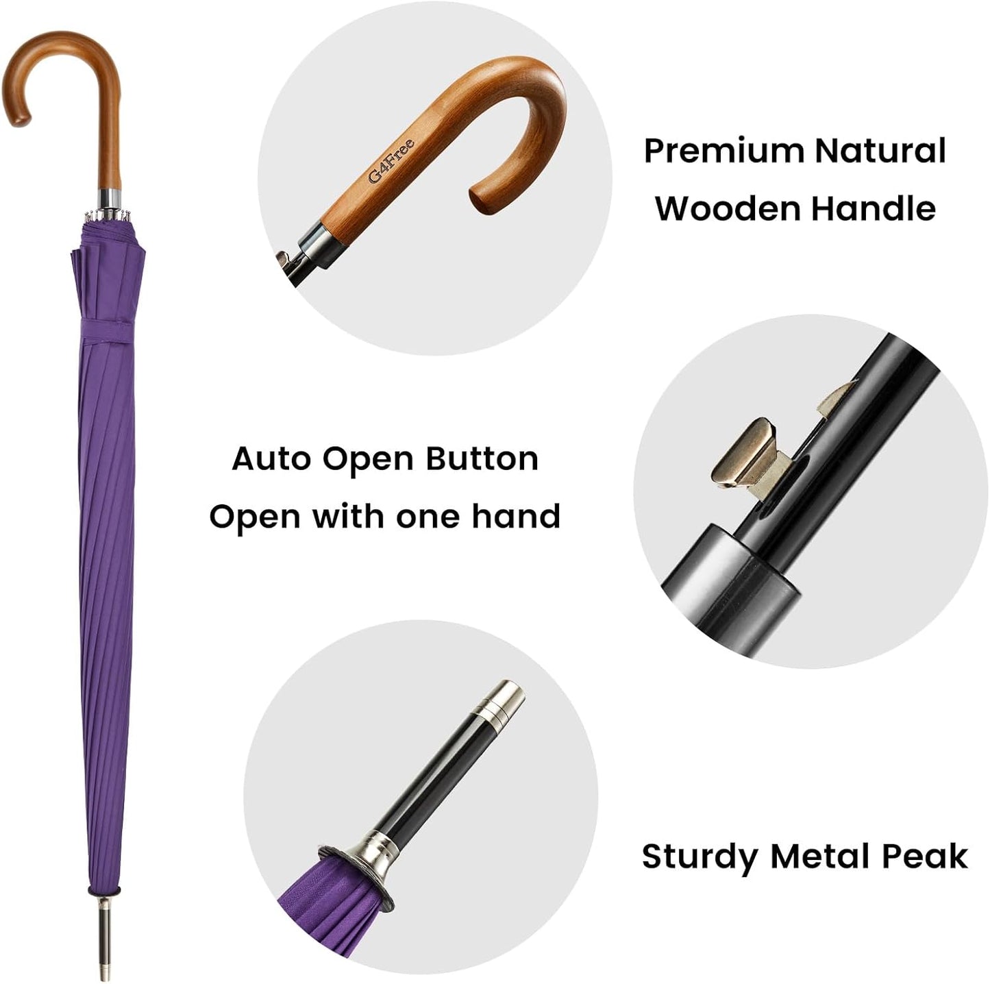 G4Free 54 Inch Large Windproof Umbrella for 2 Persons, 16 Ribs Auto Open Classic Wooden J Handle Cane Stick Golf Rain Umbrellas for Men Women Travel 120cm