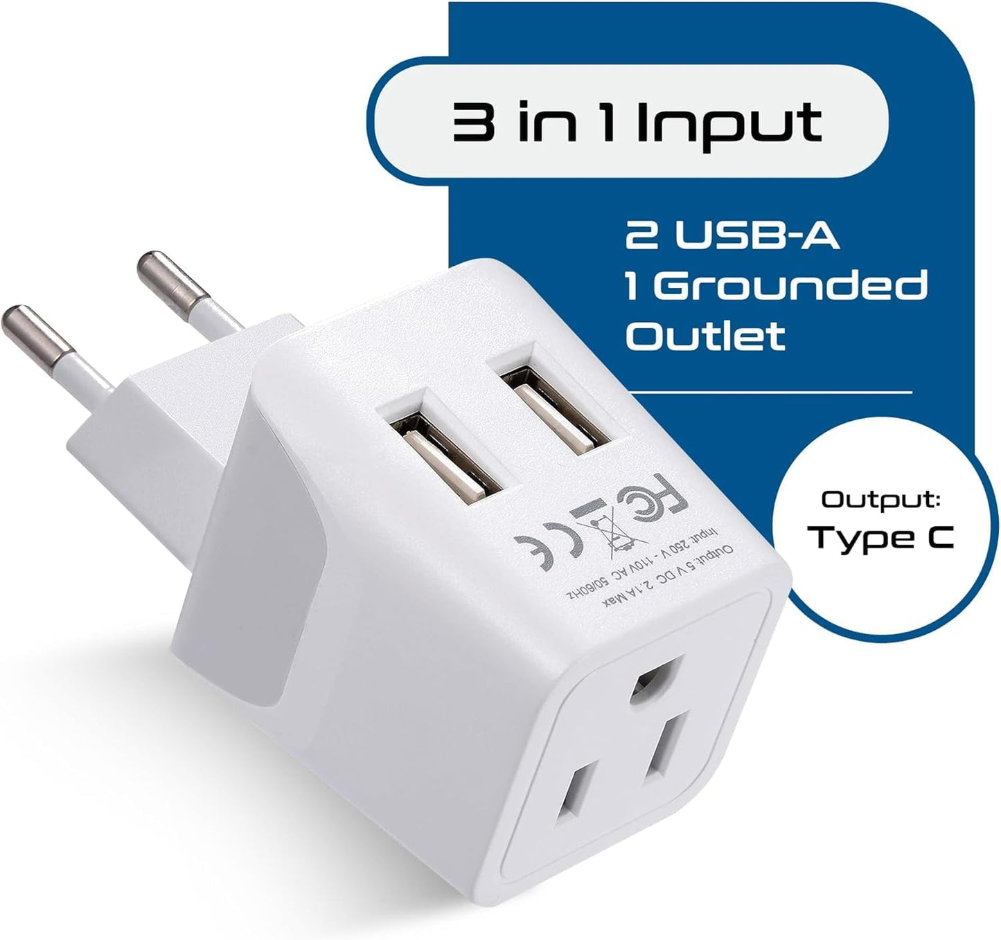 Ceptics European, Egypt Travel Adapter Plug with Dual USB - Type C - Europe - Usa Input - Light Weight - Perfect for Cell Phones, Chargers, Cameras and More - 2 Pack