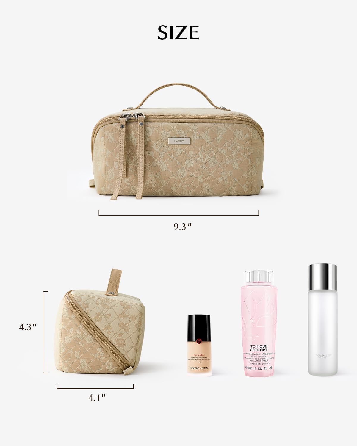 EACHY Travel Makeup Bag, Large Toiletry Bag for Women, Flat-Opening Organizer Pouch with Compartments