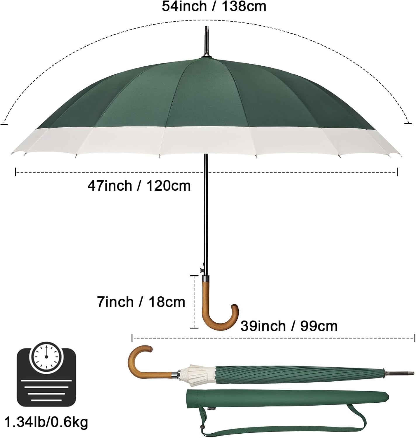 G4Free 54 Inch Large Windproof Umbrella for 2 Persons, 16 Ribs Auto Open Classic Wooden J Handle Cane Stick Golf Rain Umbrellas for Men Women Travel 120cm