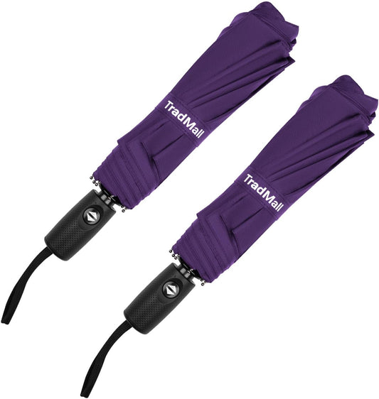 TradMall 2 Pack Travel Umbrella, Double Vented Canopy Windproof Automatic Strong Compact Folding Umbrellas for Rain Women and Men