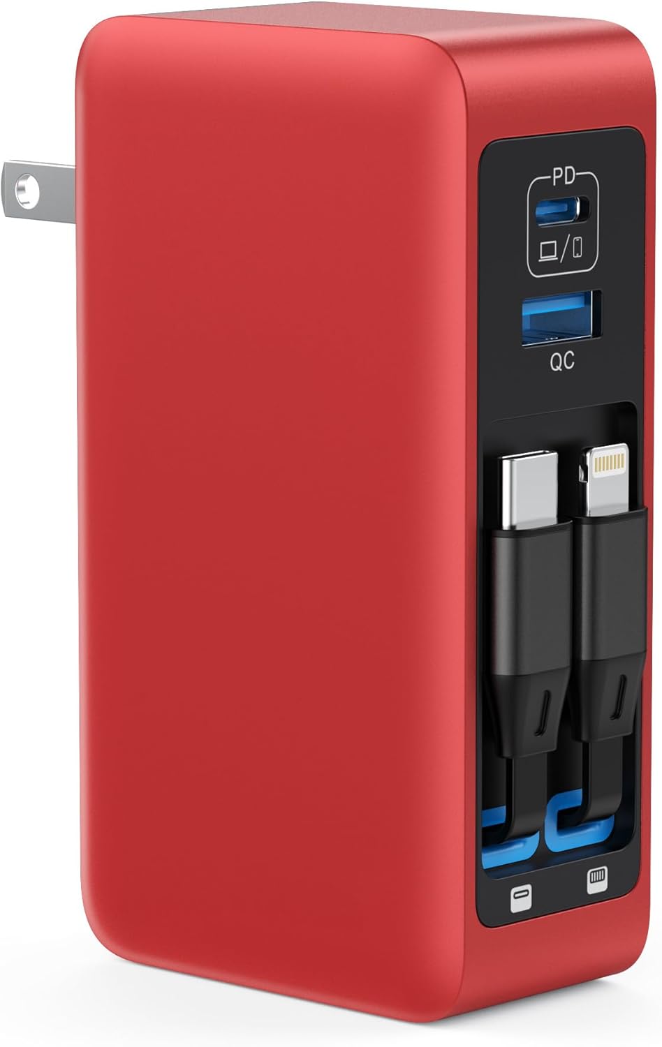 120W USB C Charger Block with 2 Built-in Retractable Cables,4-in-1 GaN IV Foldable Plug Wall Charger Fast Charging Station,PD 65W Laptop Adapter for MacBook/iPad,iPhone 17/16/15/14,Galaxy,Android-Red