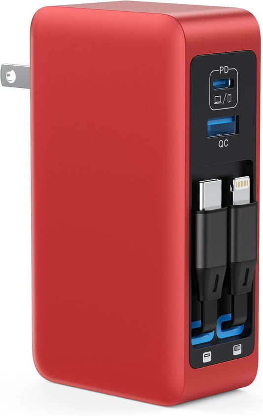 120W USB C Charger Block with 2 Built-in Retractable Cables,4-in-1 GaN IV Foldable Plug Wall Charger Fast Charging Station,PD 65W Laptop Adapter for MacBook/iPad,iPhone 17/16/15/14,Galaxy,Android-Red