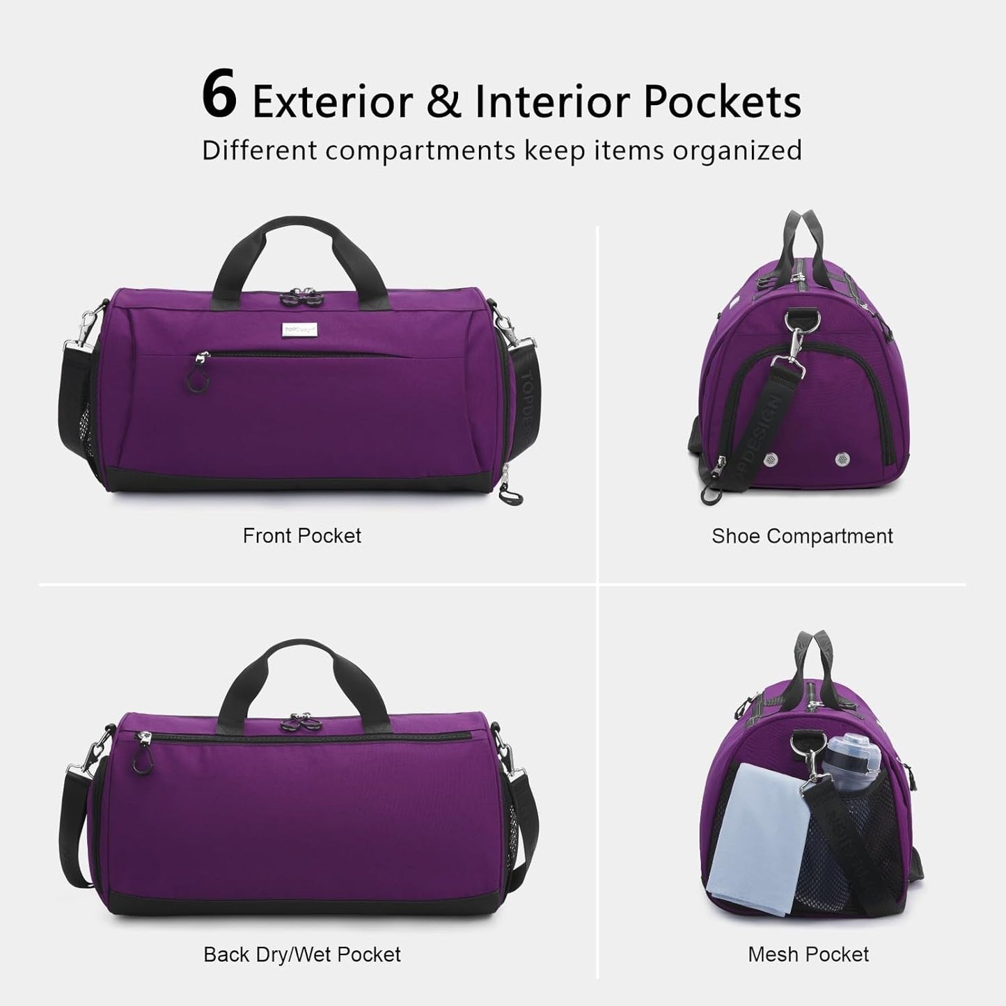 TOPDesign Gym Bag for Women & Men, Unisex Duffel Bag with Shoe Compartment & Wet Pocket for Travel Sports Gym (M Purple)