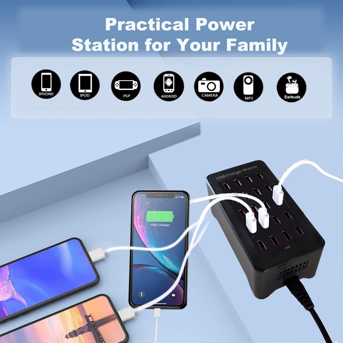 100W 20-Port Multi-Device USB Charging Station - Supports simultaneous Charging for Smartphones, Tablets, smartwatches and Other USB-Powered Devices.(20-Port Charging Station - Black)
