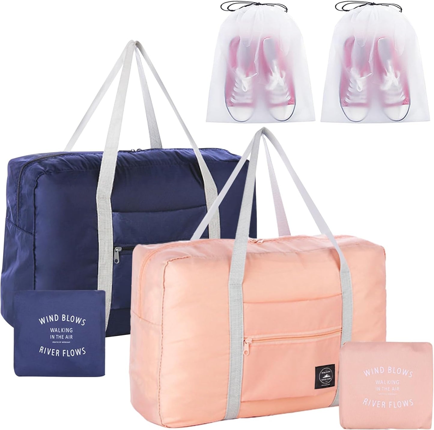 2PCS Travel Duffle Bag Tote Carry on Bag Nylon Lightweight Foldable Travel Bag Water Resistant Sports Gym Duffle Weekender Overnight Bags (Pink+Blue+2Pe bag)