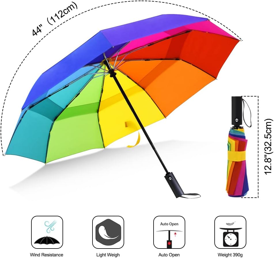 LEAGERA Rainbow Umbrella for Adults - 2 Pack, Smal Travel Umbrellas for Rain&Sun, Small, Compact, Light, Folding and Portable Rainbow Umbrella For Backpack Umbrella, Automatic Open &Close