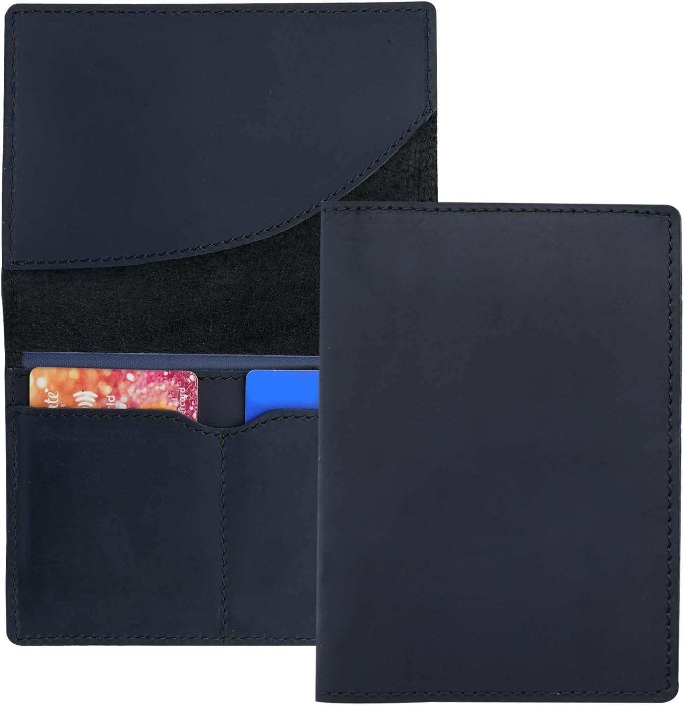 Leather Passport Holder with Travel Wallet, Genuine Leather Passport Cover- Passport Wallet, Leather Folding Wallet for Passports (Oval Cut, Black)