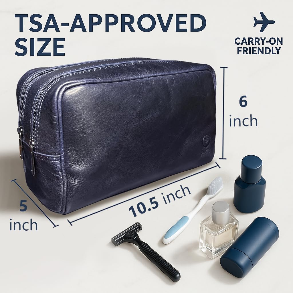 RUSTIC TOWN Leather Toiletry Bag for Men - Travel Shaving Ditty Kit - Bathroom Shower Toiletries Organizer - Leather Cosmetic Bag for Women (Oxford Blue)