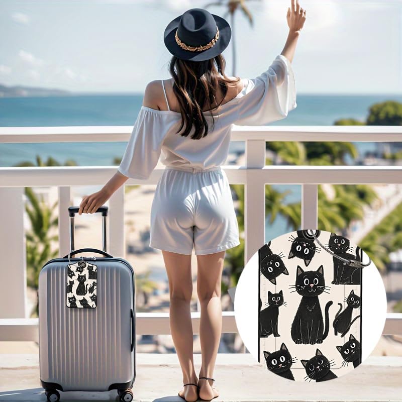 2 Pack Black Cat Leather Luggage Tags for Suitcases, Travel Bag Tags with Privacy Cover ID Label with Stainless Steel Loop for Women Men Girls Backpack Gift (Black)