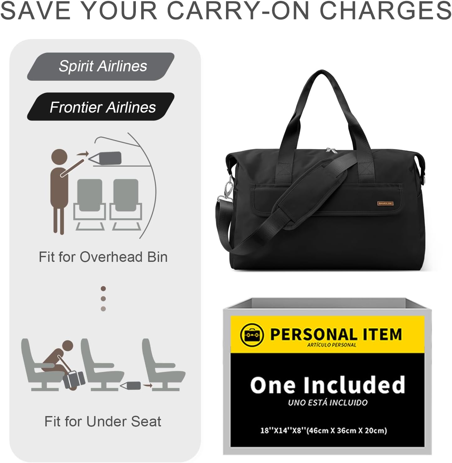 18x14x8 Personal Item Bag with Wet Pocket & Toiletry Bag, Travel Duffel Bag for Gym Underseat Weekender Carry On Luggage for Women Men (Black)