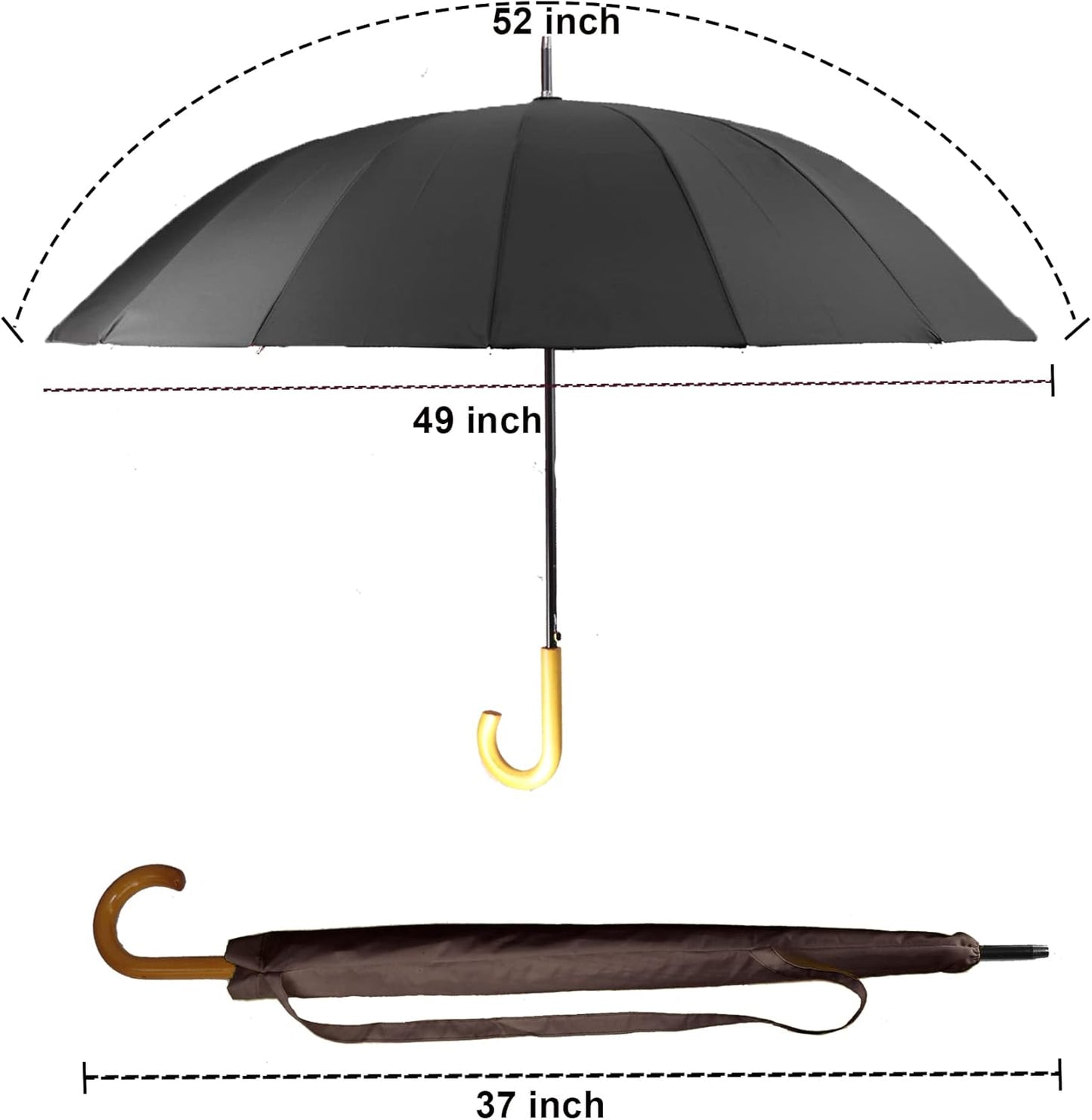 MRTLLOA 52 Inch Windproof Large Umbrellas for Rain, 16 Ribs, J Wooden Handle, 210T High-density Fabric Golf Stick Umbrella