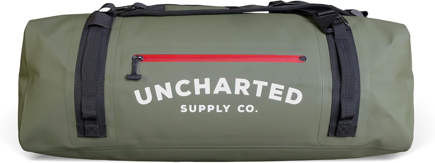 Uncharted Supply Co. The Vault Waterproof Duffel Bag - Airtight bag with Backpack Straps, Carry-On Size, Perfect for travel, boating, camping, recreation. (Olive, 65L)