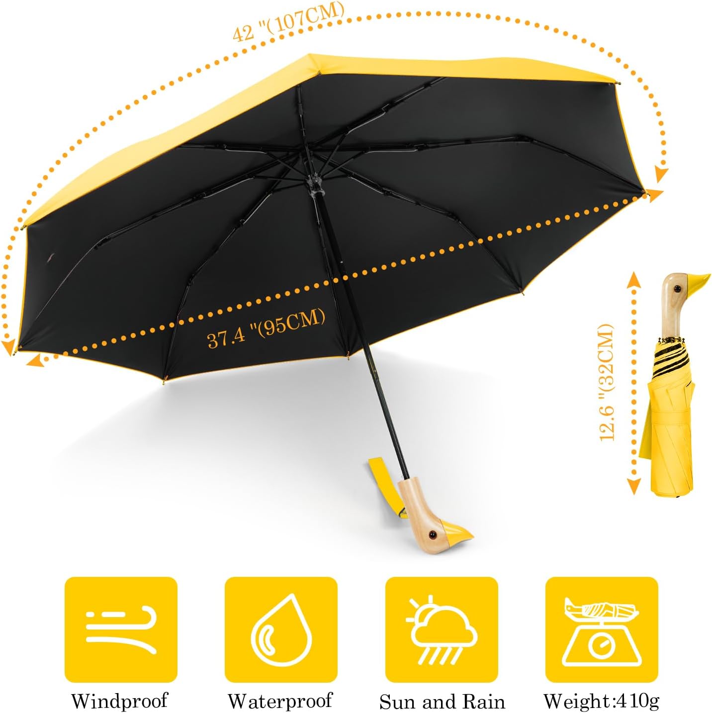 Cute Duck Handle Umbrella - Compact Travel Yellow Duck Head Umbrella for Adults and Girls