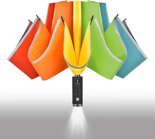 Lejorain Inverted Rainbow LED Umbrella - Folding Reverse Automatic Travel Umbrellas Compact for Rain Windproof Women - Portable Upside Down Collapsible Reflective Umbrella