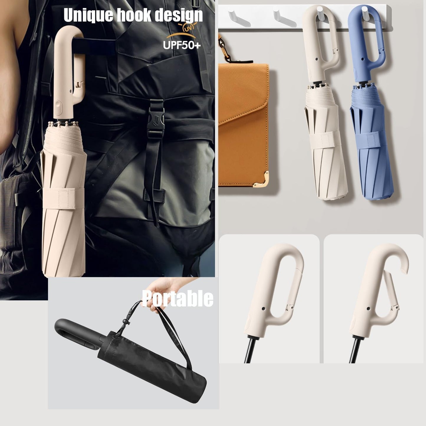 Travel Folding Golf Umbrella 10 Ribs Automatic Open/Close,Lightweight Compact Portable Backpack Car Parasol Outdoor,Sun/Rain,Anti 99 UV Protection UPF 50,Men Women Carabiner Handle Design