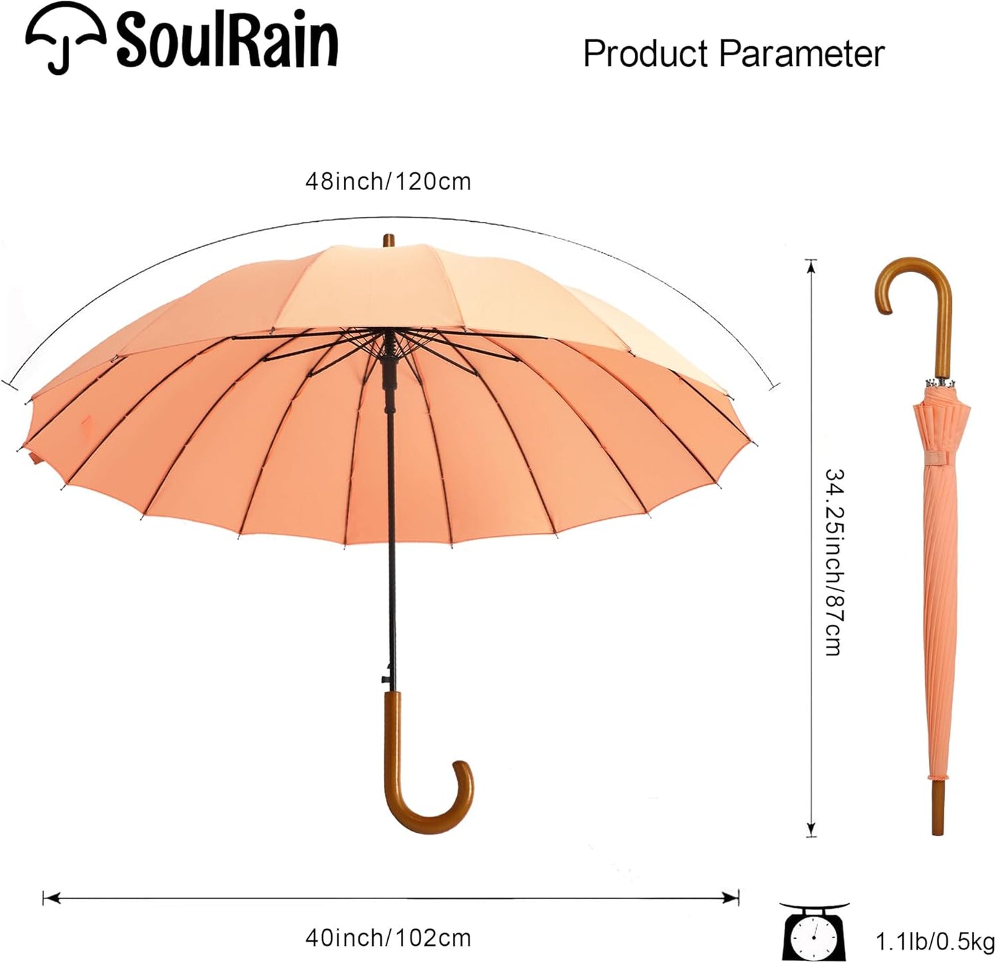 SoulRain 16 Ribs 48" Stick Umbrella Auto Open Solid Color Fashionable and Simple，Arc Classic Wood Handle，Windproof Unbreakable Stick Rain Umbrella
