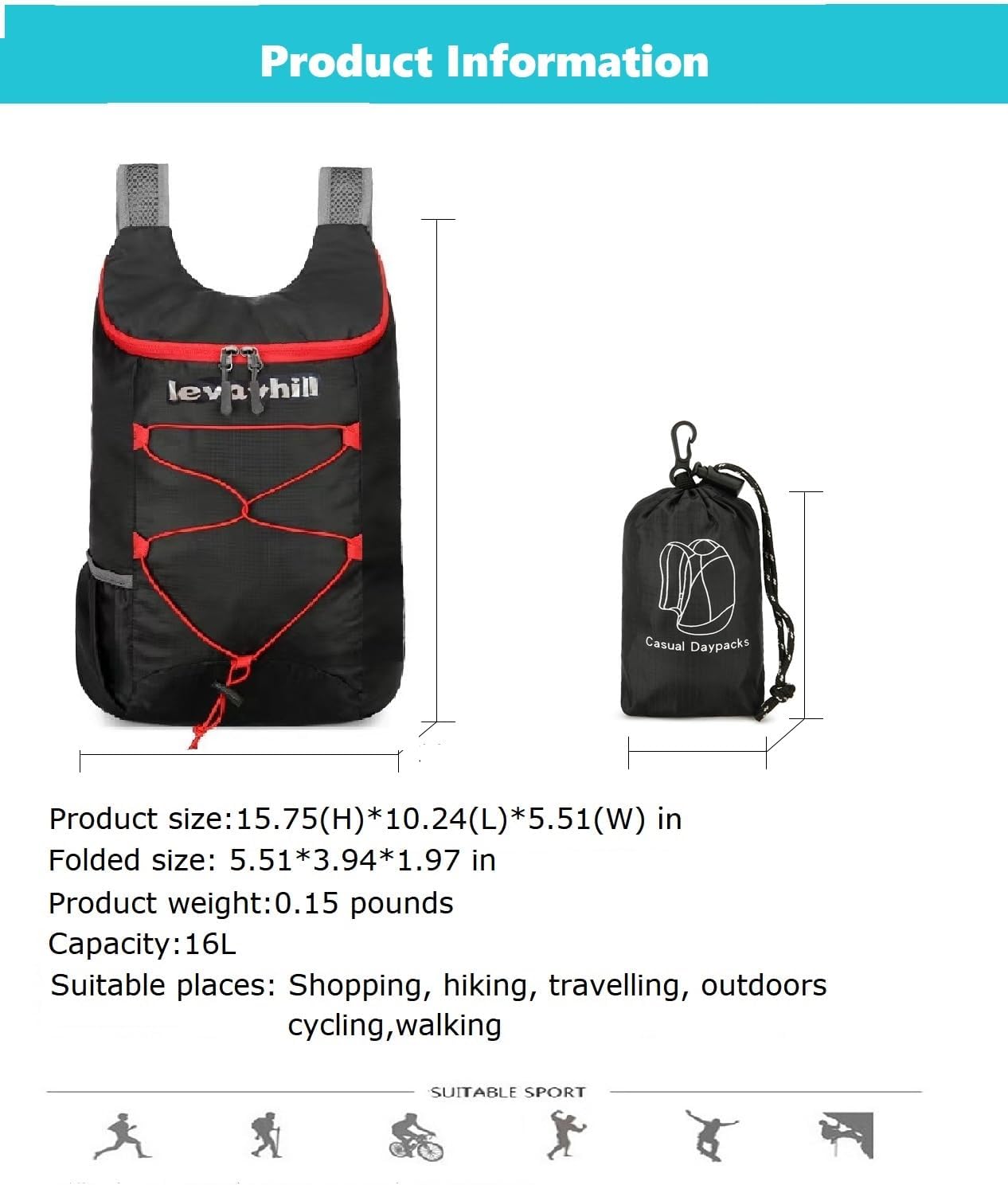 16L Lightweight Foldable Hiking-Backpack Small Packable-Daypack For Travel,Ultralight Water-Resistant Gym Bag Men Women Easy Carry-on (Black+Red)