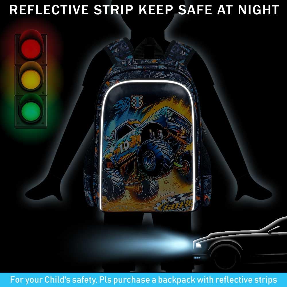 16" Truck Backpack for Boy, 3Pcs Car School Backpacks with Lunch Box, Kids Bookbag for Elementary Preschool Kindergarten(Black)