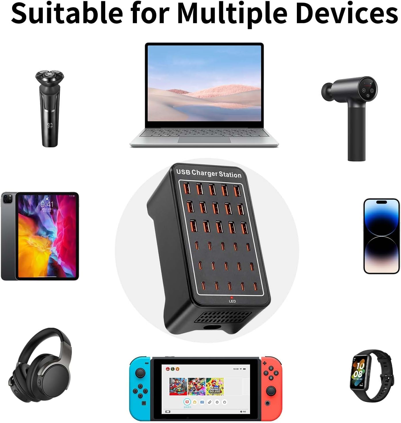 150W(30A) USB Charging Station, 30-Port USB C Charger Block, Multiple Desktop/Wall Fast Charger with Intelligent Protection Compatible with iPhone, iPad, Tablets, Smartphones