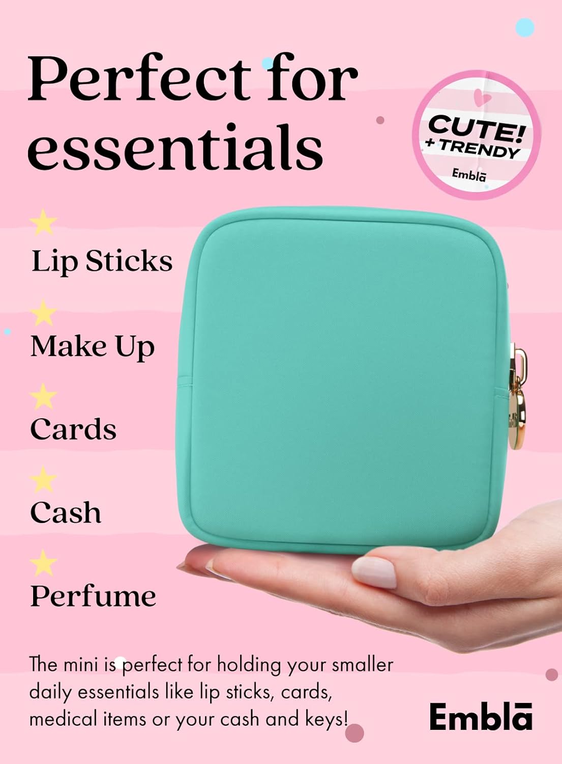 Embla Makeup Bag Travel Cosmetics Pouch and Toiletry Bag, Nylon Zipper Pouch Purse, Cute Make Up Organizer Storage Tote for Women Girls, Travel Skincare Case, Small Makeup Bags, Cotton Candy