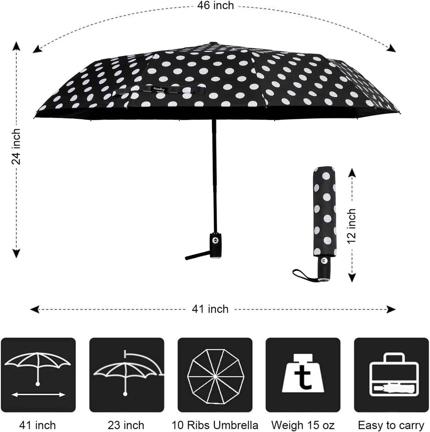 Agaric Cute Polka Dots Large Travel Umbrella for Rain & Sun, 46” UV Protection Auto Open Close Waterproof Folding Umbrella Windproof Compact Umbrella