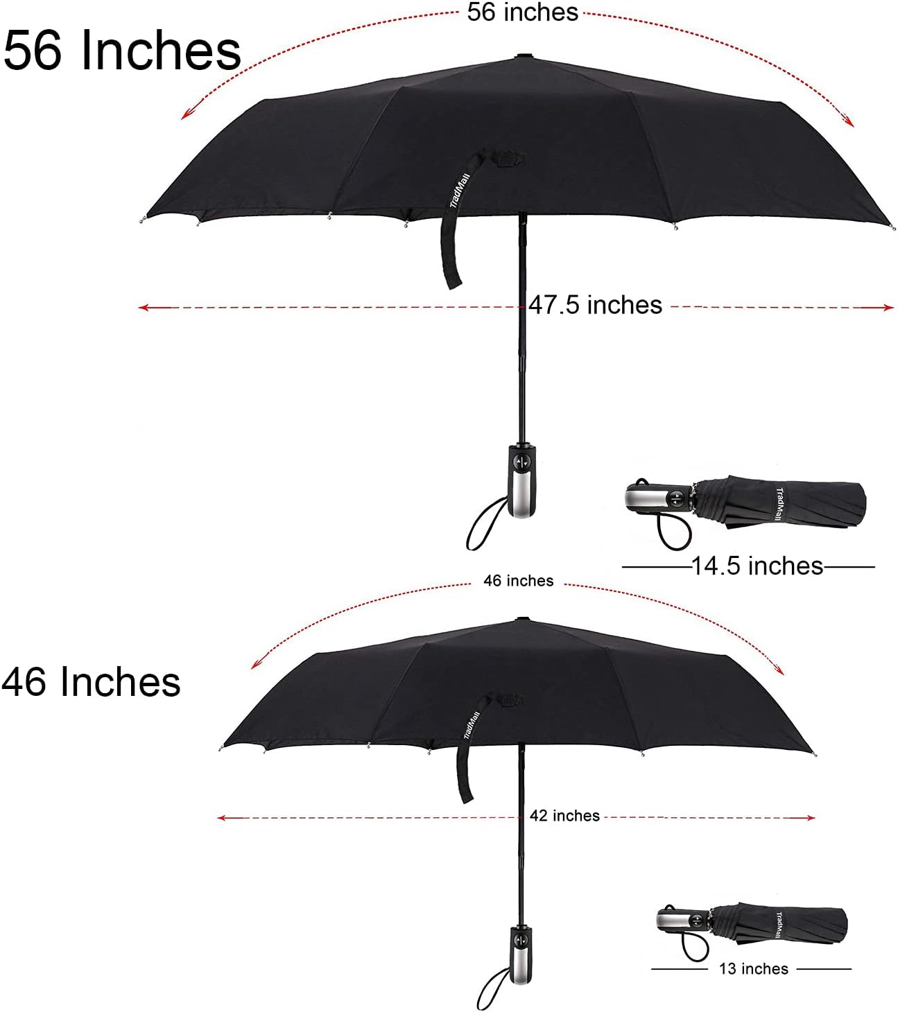 TradMall 2 Pack Travel Umbrella Windproof 46/56 Inches Large Canopy Reinforced Fiberglass Ribs Auto Open & Close