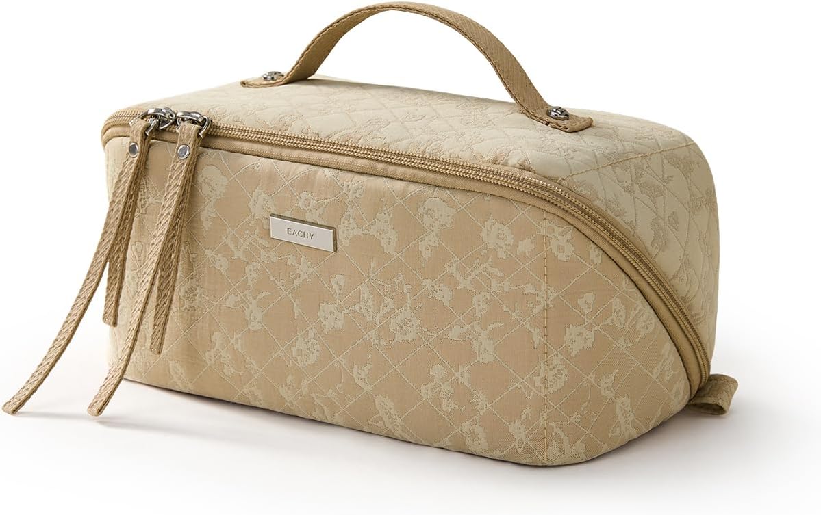 EACHY Travel Makeup Bag, Large Toiletry Bag for Women, Flat-Opening Organizer Pouch with Compartments