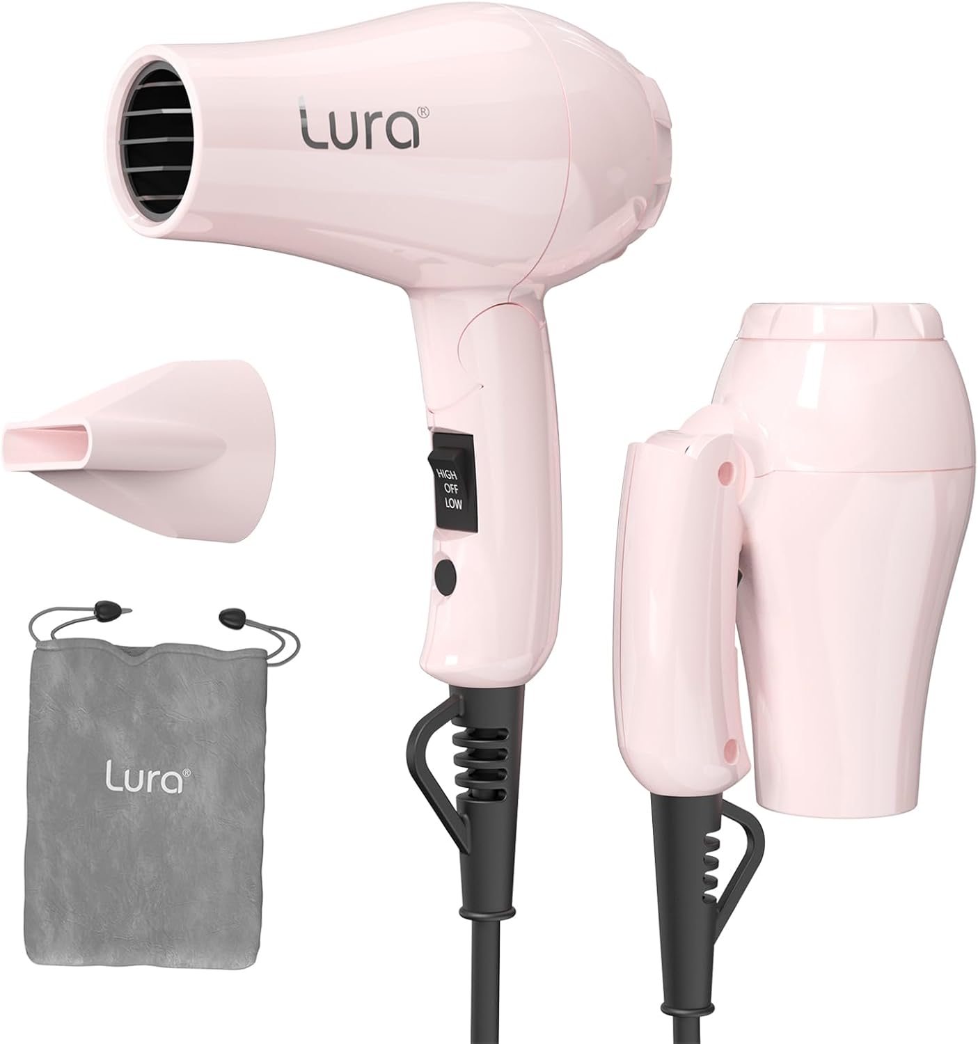 LURA Smart Dual Voltage HairDryer: Mini Travel Hair Dryer for Women,1200w Small Portable Blow Dryer with Pouch for Gym(Pink)