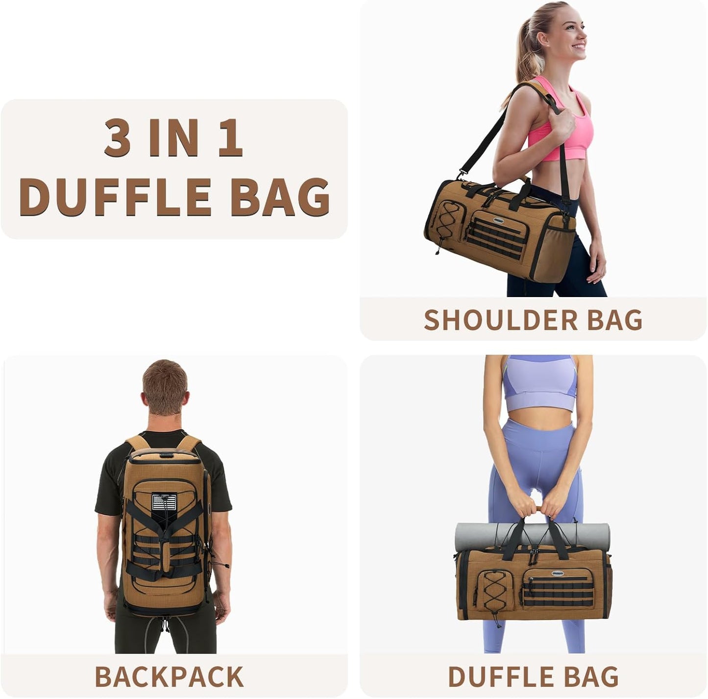 Bosstin Gym Bag for Men & Women,45L Travel Duffle Sports Duffel Bag Gym Weekender Overnight Backpack with Shoe Compartment (CAMEL CHECKERED)