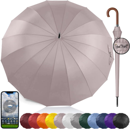 Royal Walk Windproof Large Umbrella for Rain 54 Inch Automatic Open for 2 Persons Wind Resistant Big Golf Umbrellas for Adult Men Women Classic Wooden Handle Fast Drying Strong 16 Ribs Travel 120cm