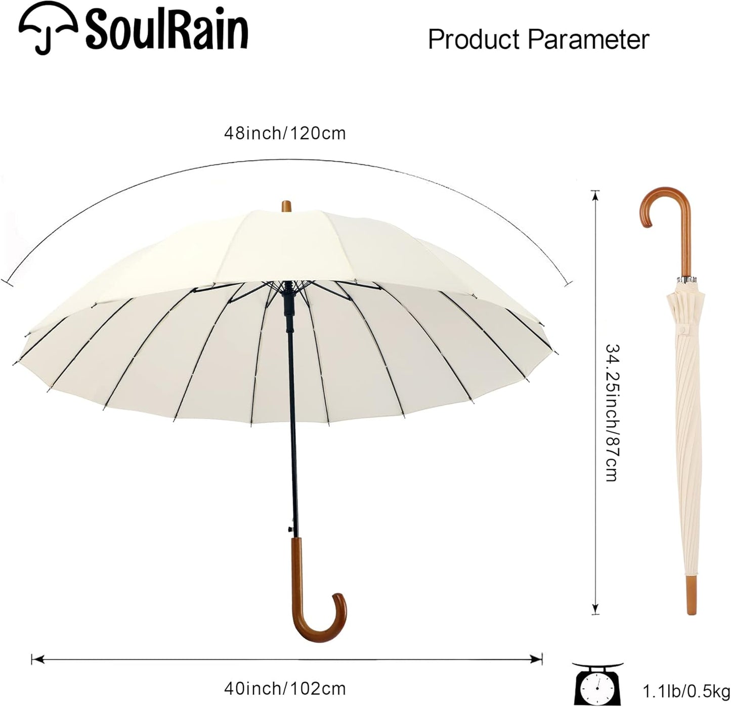 SoulRain 16 Ribs 48" Stick Umbrella Auto Open Solid Color Fashionable and Simple，Arc Classic Wood Handle，Windproof Unbreakable Stick Rain Umbrella