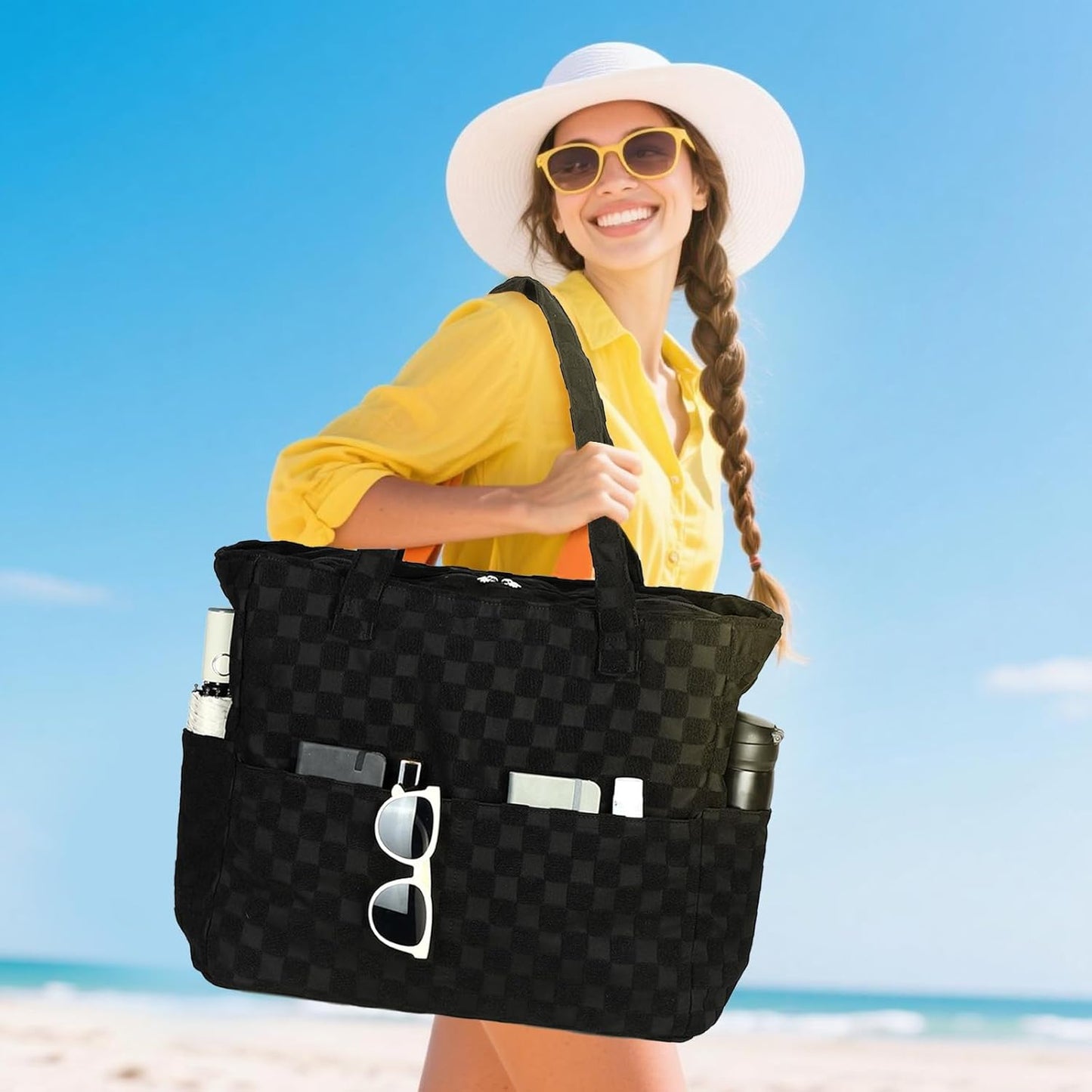 LEDAOU Large Beach Tote Bag Women Waterproof Sandproof Zipper Beach Tote Bag for Pool Gym Grocery Travel with Wet Pocket