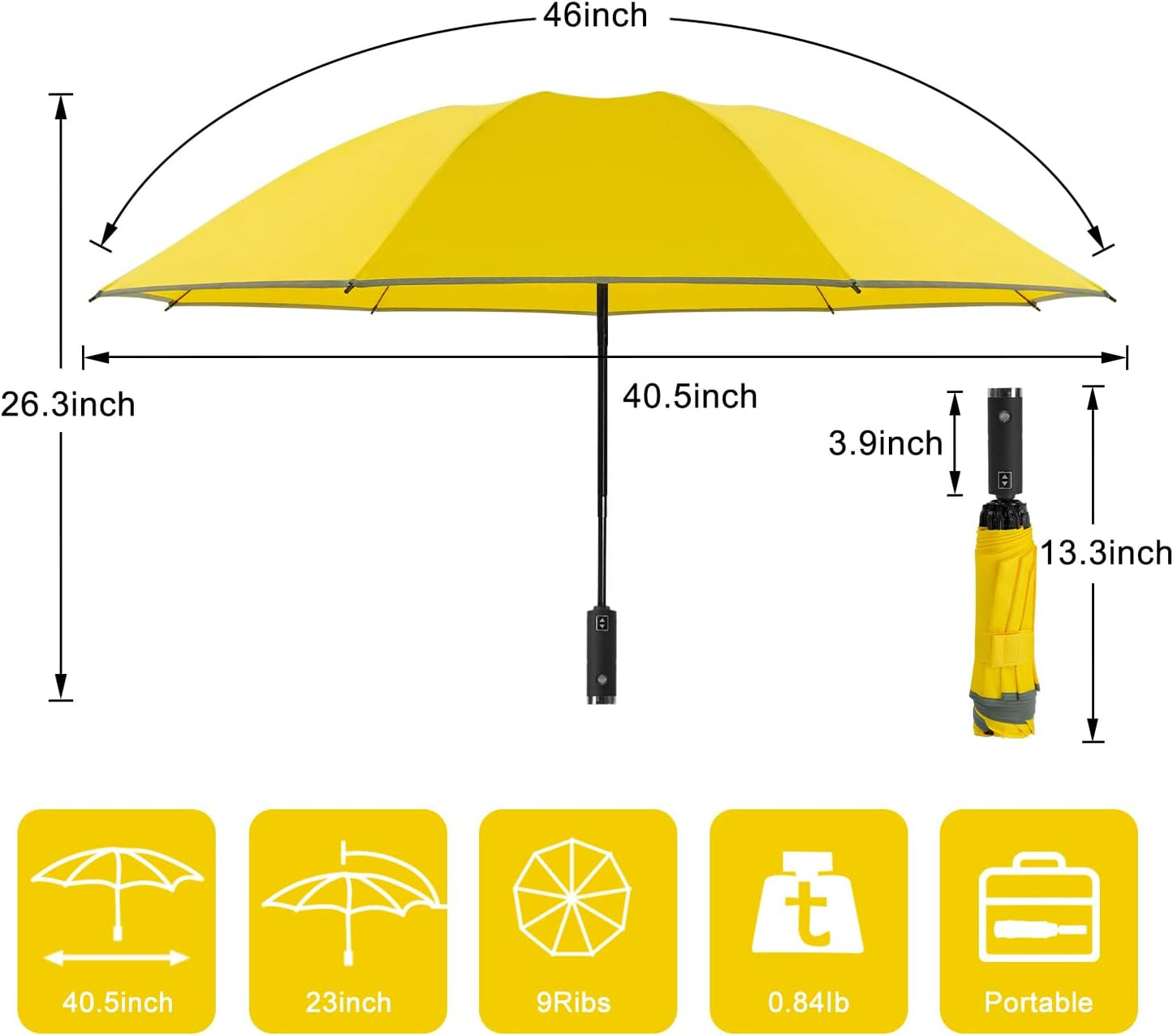 Lejorain Automatic Folding Umbrella Inverted - Upside Down Yellow Windproof Umbrella LED Flashlight Handle With Reflective Strip