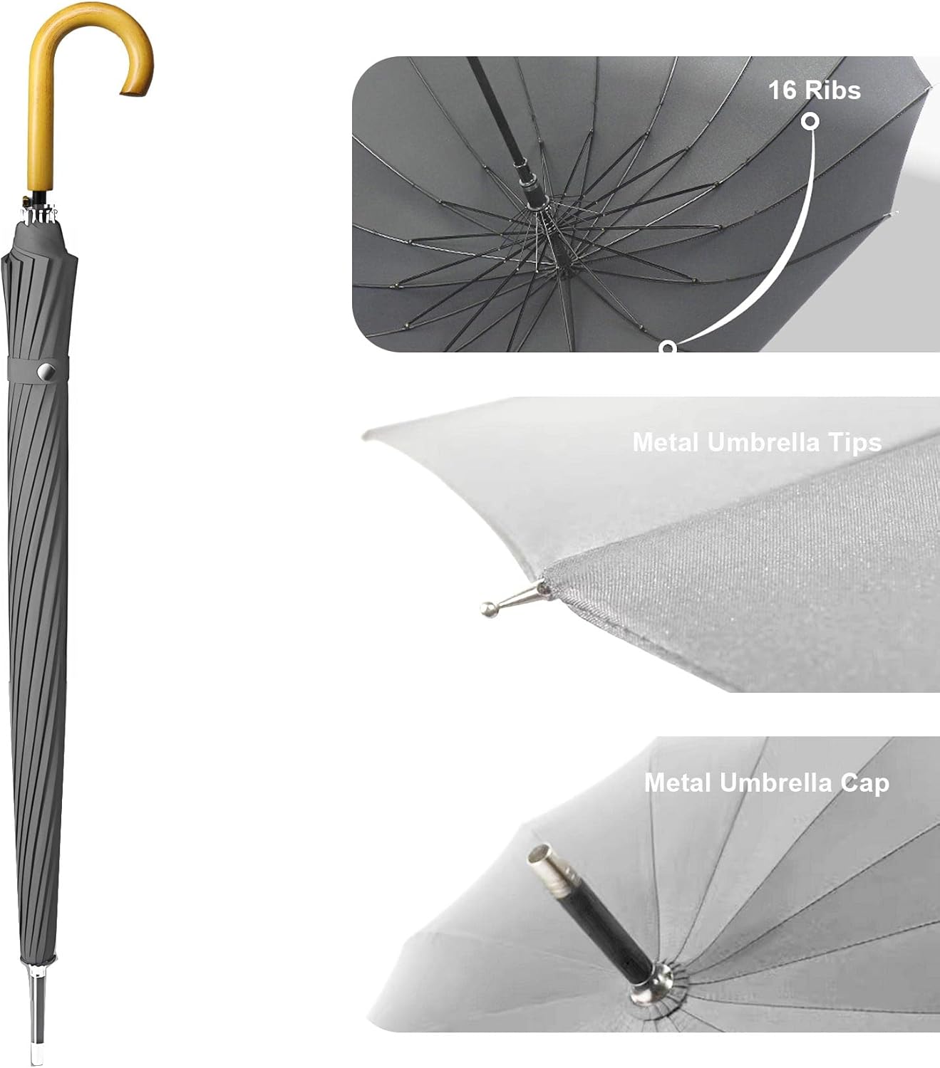 MRTLLOA 52 Inch Windproof Large Umbrellas for Rain, 16 Ribs, J Wooden Handle, 210T High-density Fabric Golf Stick Umbrella
