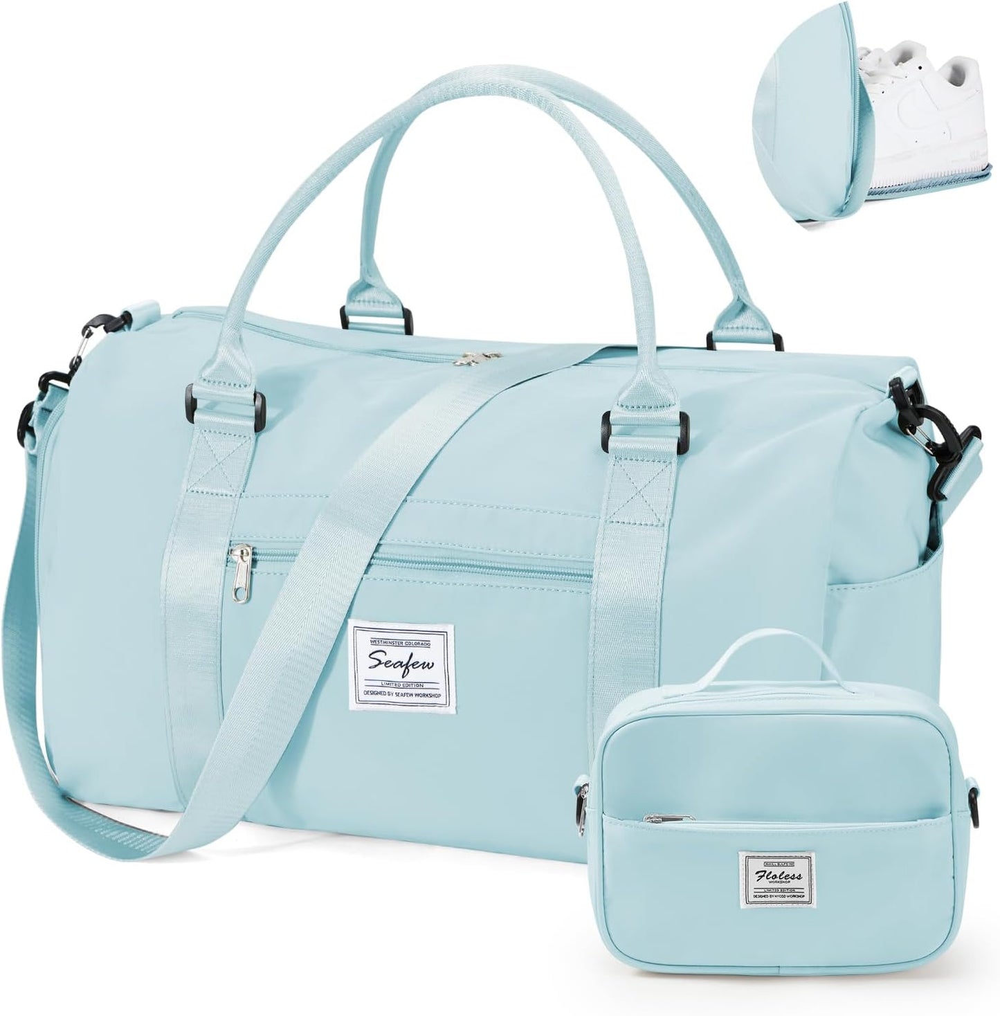 Gym Bag for Women with Shoes Compartment,Small Travel Duffel Bag with Toiletry Bags Sport Tote Overnight Weekender Carry on Personal Item Bags for Airlines Ligh Blue