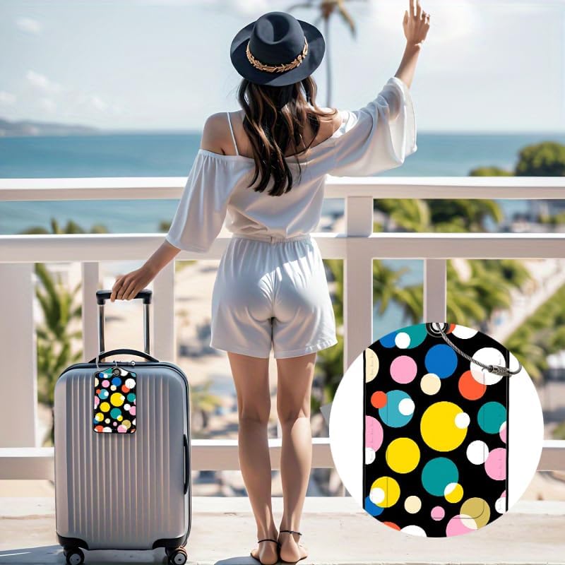 2 Pack Colored Dots Leather Luggage Tags for Suitcases, Travel Bag Tags with Privacy Cover ID Label with Stainless Steel Loop for Women Men Girls Backpack Gift (Multicolored)