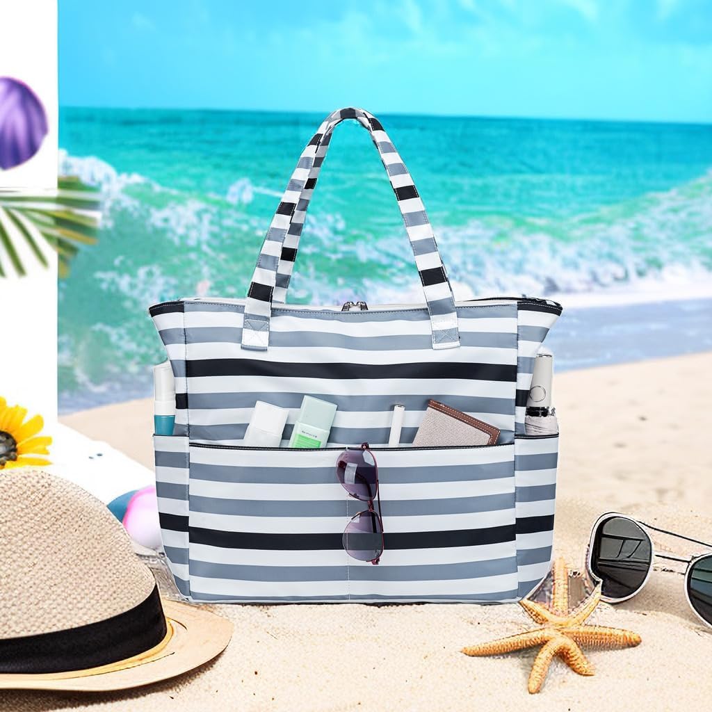LEDAOU Beach Bag Waterproof Sandproof Women Tote Bag Pool Bag with Zipper for Gym Grocery Travel with Wet Pocket