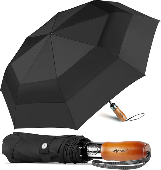 Lejorain Large Folding Golf Umbrella - Compact Mens Umbrellas Travel Rain and Windproof 54inch Collapsible Automatic Open Close Umbrella 210T Teflon Vented Double Canopy