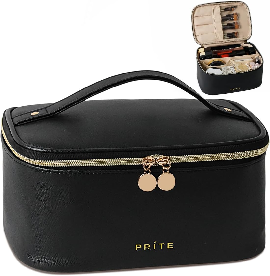 Prite Makeup Bag Portable Cosmetic Organizer with Brush Holder Waterproof Travel Toiletry Bag for Women with Handle and Divider (Black)