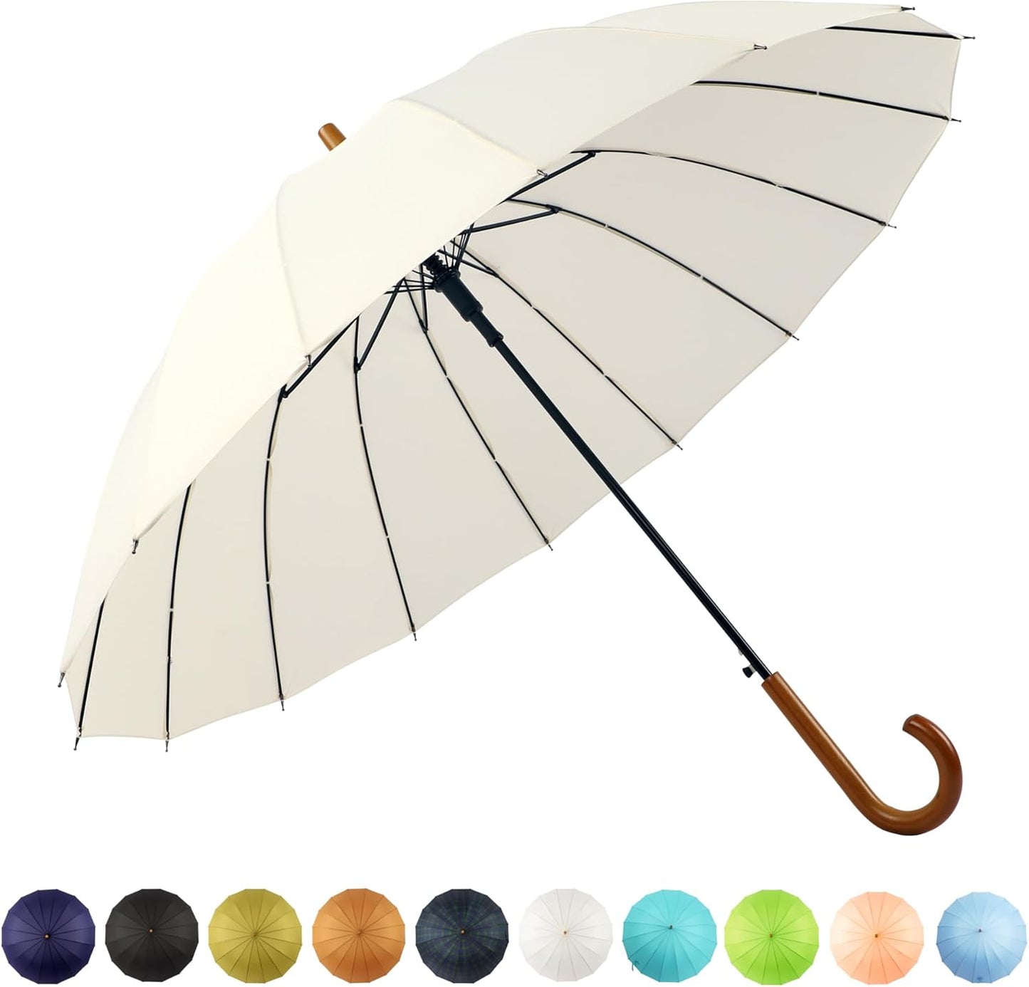 SoulRain 16 Ribs 48" Stick Umbrella Auto Open Solid Color Fashionable and Simple，Arc Classic Wood Handle，Windproof Unbreakable Stick Rain Umbrella