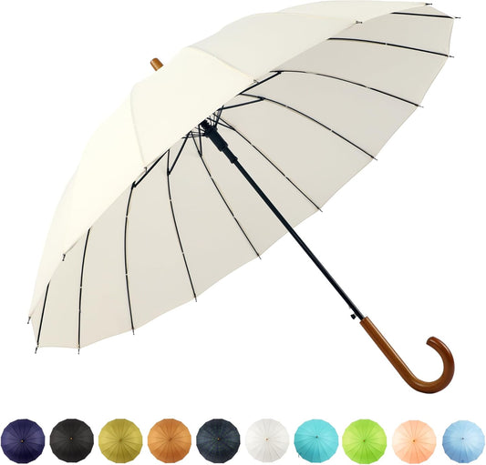 SoulRain 16 Ribs 48" Stick Umbrella Auto Open Solid Color Fashionable and Simple，Arc Classic Wood Handle，Windproof Unbreakable Stick Rain Umbrella