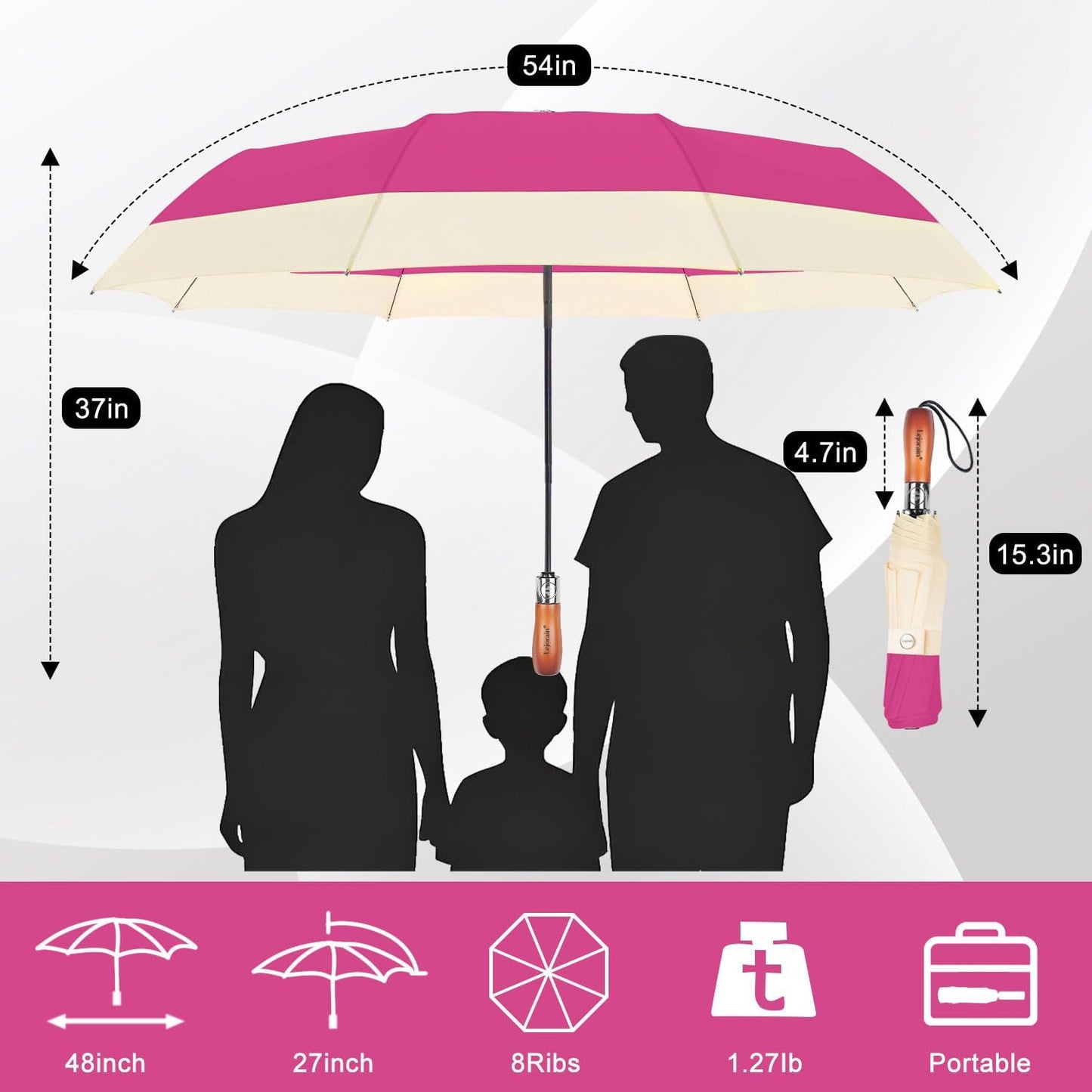 Lejorain Compact Golf Umbrella Large - 54inch Travel Big Portable Automatic Folding Umbrella Windproof for Men Heavy Duty 210T Dupont Teflon Coated Umbrella for Rain