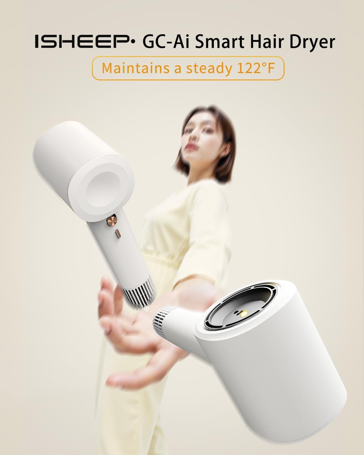 ISHEEP Mini Portable Travel Hair Dryer - 3.7 Billion Negative Ions, 130,000 RPM High-Speed Motor, Self-Cleaning & Intelligent Constant Temperature Control for Frizz-Free, Salon-Quality Results