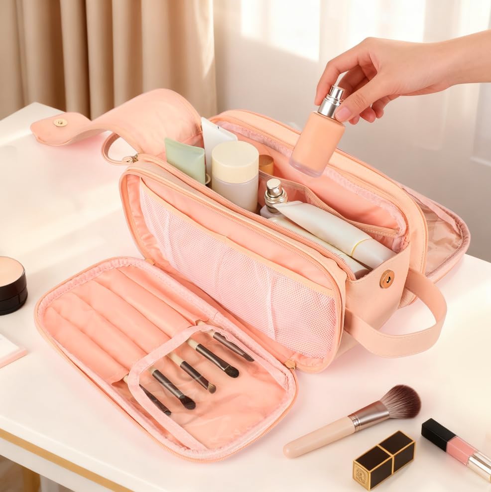Makeup Bag - Large Travel Toiletry Bag with Double Zipper, Water-Resistant Cosmetic Organizer for Women, Toiletries & Skin Storage